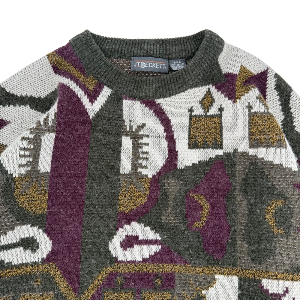 JT Beckett Vintage Mens XLT Abstract Geometric Knit Crewneck Sweater Olive Green - Picture 3 of 10